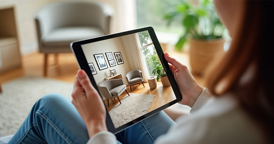 Frau schaut sich auf tablet ein Foto des Raumes an, in dem sie sitzt.